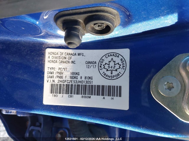 12531501 :رقم المزاد ، 2HGFC2E53JH013051 vin ، 2018 Honda Civic مزاد بيع