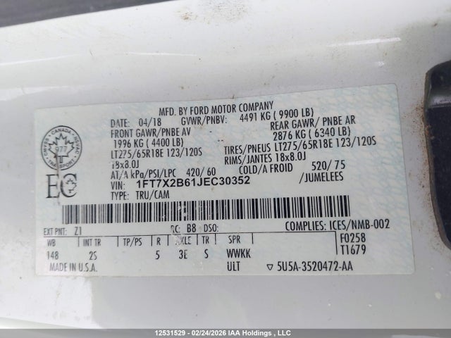 Продажа на аукционе авто 2018 Ford F250 Super Duty, vin: 1FT7X2B61JEC30352, номер лота: 12531529