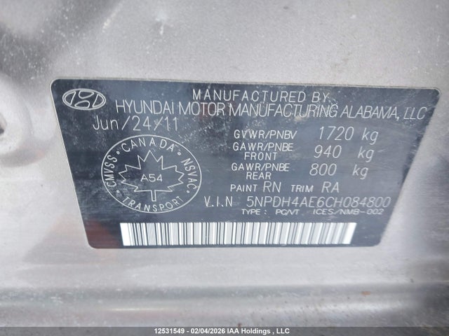 2012 Hyundai Elantra Gls/limited მანქანა იყიდება აუქციონზე, vin: 5NPDH4AE6CH084800, აუქციონის ნომერი: 12531549