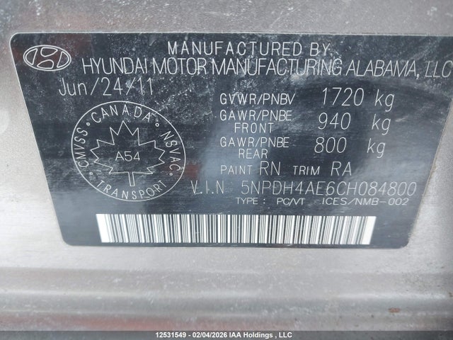 2012 Hyundai Elantra Gls/limited მანქანა იყიდება აუქციონზე, vin: 5NPDH4AE6CH084800, აუქციონის ნომერი: 12531549