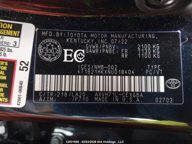 4T1B21HKXNU018404 Toyota Camry Xle/se