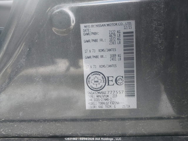 5N1AT2MV6GC777557 Nissan Rogue S/sl/sv