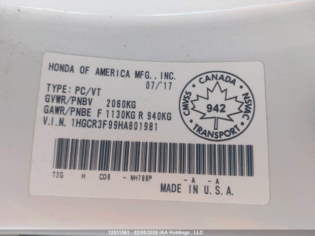 1HGCR3F99HA801981 Honda Accord