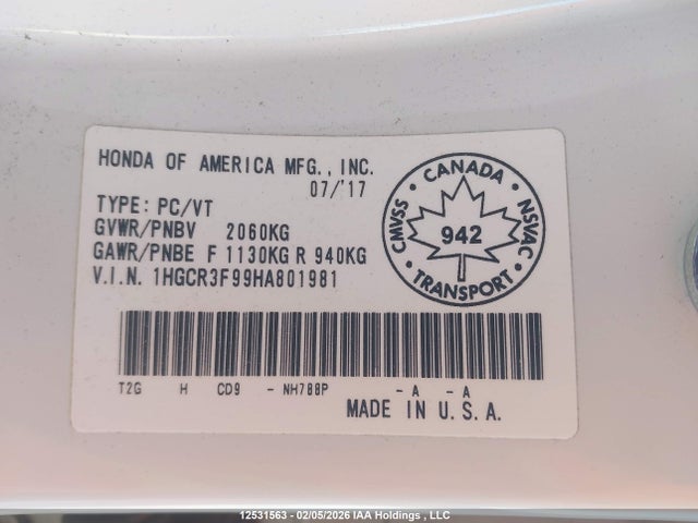 1HGCR3F99HA801981 Honda Accord