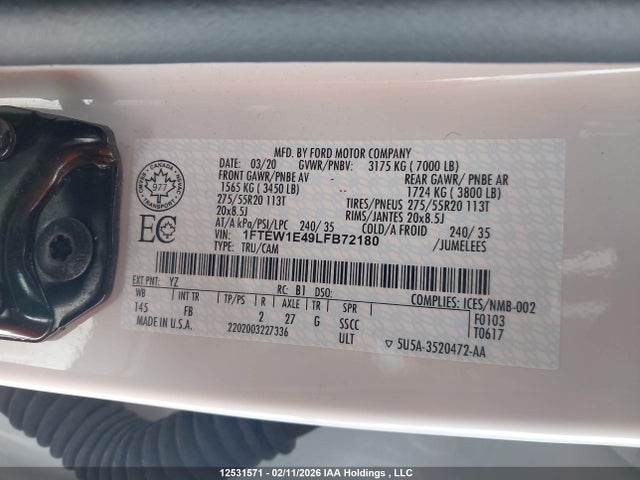 Продаж на аукціоні авто 2020 Ford F-150 Xlt, vin: 1FTEW1E49LFB72180, номер лоту: 12531571