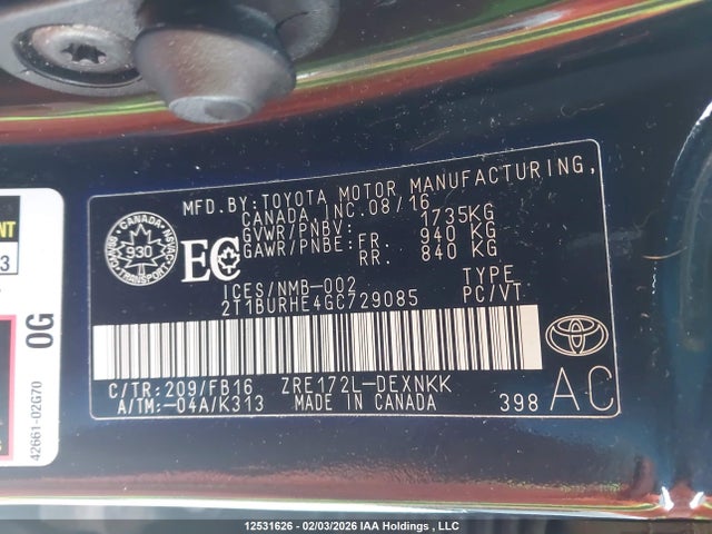 2T1BURHE4GC729085 Toyota COROLLA LE