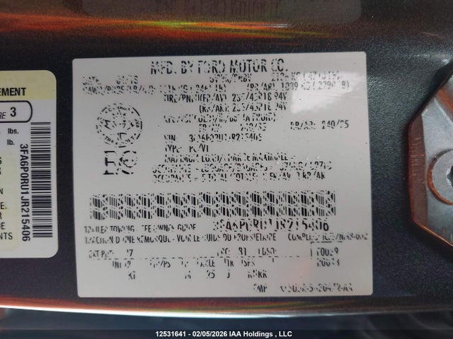 3FA6P0RU1JR215406 Ford Fusion Titanium/platinum Hev