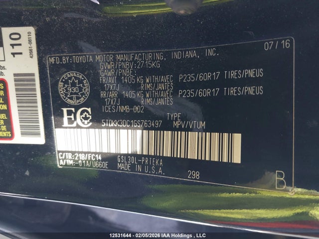 Aukcja sprzedaży 2016 Toyota Sienna Le 8 Passenger, vin: 5TDKK3DC1GS763497, numer aukcji: 12531644