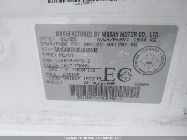 Продажа на аукционе авто 2025 Nissan Versa Sv, vin: 3N1CN8EV0SL845618, номер лота: 12531646