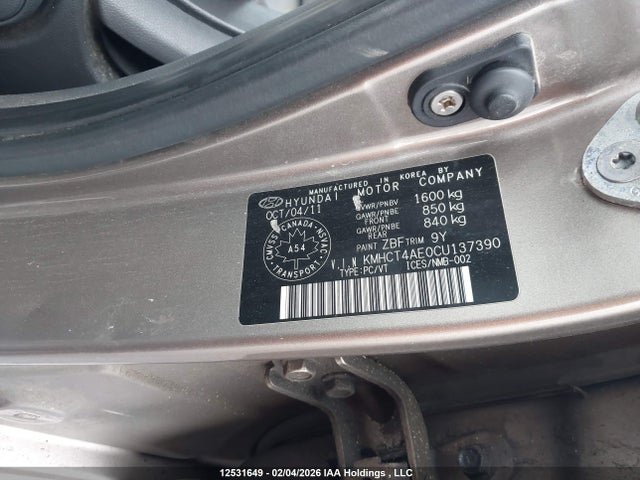 12531649 :رقم المزاد ، KMHCT4AE0CU137390 vin ، 2012 Hyundai Accent Gls/gs مزاد بيع