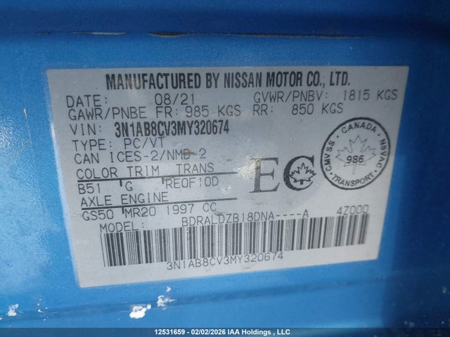 3N1AB8CV3MY320674 Nissan SENTRA SV