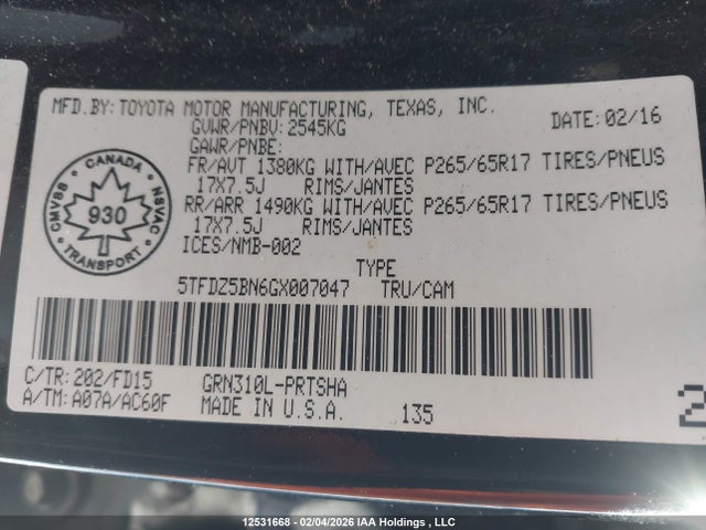 5TFDZ5BN6GX007047 Toyota Tacoma Dbl Cab/sr5/trd Sport/or