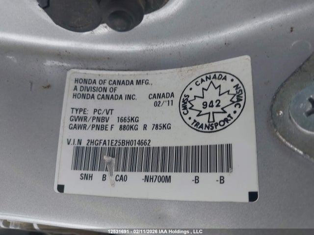 12531691 :رقم المزاد ، 2HGFA1E25BH014662 vin ، 2011 Honda Civic Dx مزاد بيع