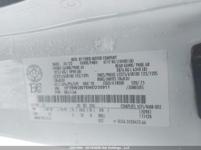 Продажа на аукционе авто 2022 Ford F250 Super Duty, vin: 1FT8W2BT6NED35911, номер лота: 12531694