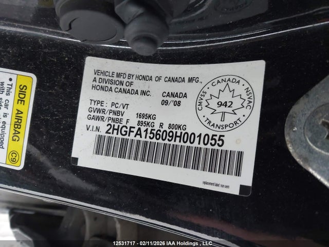 12531717 :رقم المزاد ، 2HGFA15609H001055 vin ، 2009 Honda Civic Sport مزاد بيع