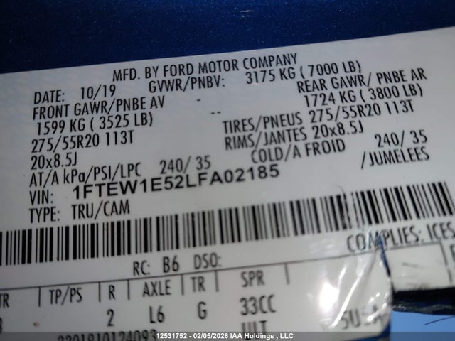Ford F150 Supercrew 2020 1FTEW1E52LFA02185 Image 17