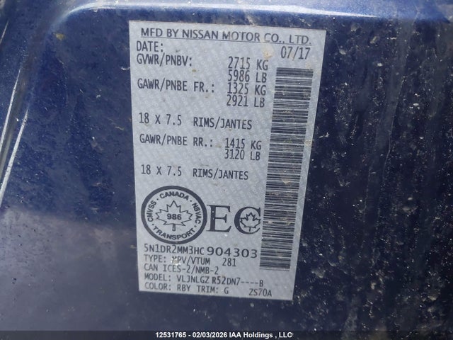 5N1DR2MM3HC904303 Nissan Pathfinder S/sv/sl/platinum