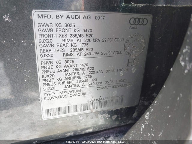 12531771 :رقم المزاد ، WA1MAAF75JD013713 vin ، 2018 Audi Q7 3.0t Progressiv مزاد بيع