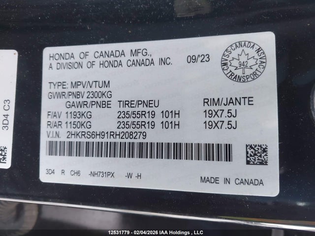2HKRS6H91RH208279 Honda Cr-v Touring Hybrid