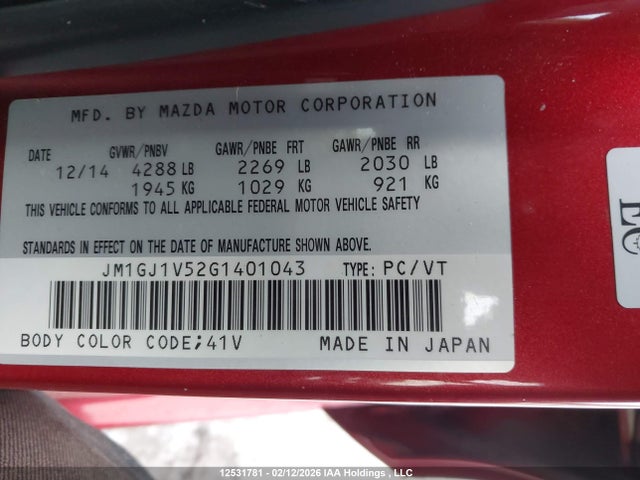 JM1GJ1V52G1401043 Mazda Mazda6 Gs