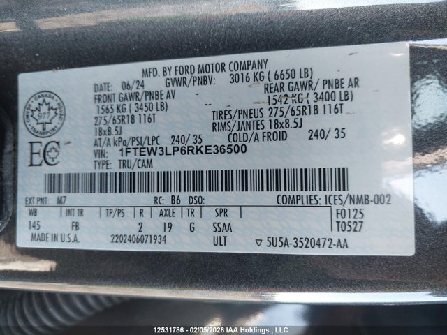 Продажа на аукционе авто 2024 Ford F150 Xlt, vin: 1FTEW3LP6RKE36500, номер лота: 12531786