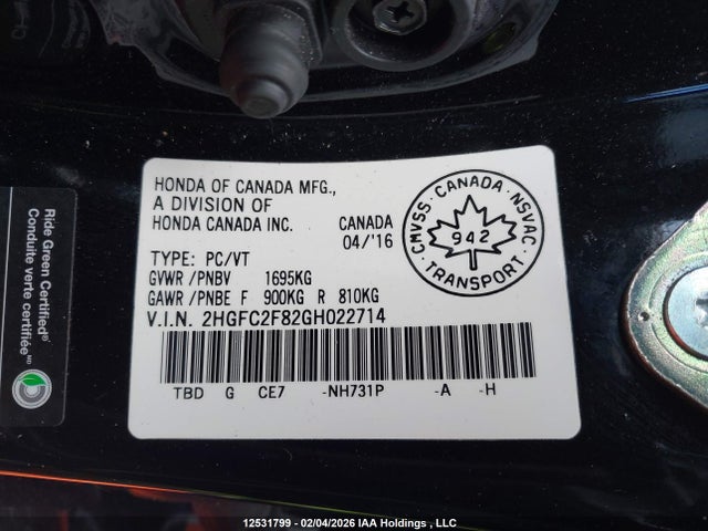 Aukcja sprzedaży 2016 Honda Civic Ex, vin: 2HGFC2F82GH022714, numer aukcji: 12531799