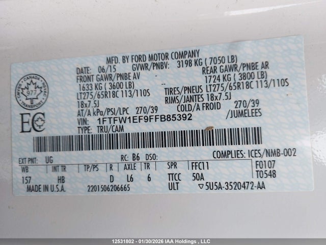 12531802 :رقم المزاد ، 1FTFW1EF9FFB85392 vin ، 2015 Ford F150 Supercrew مزاد بيع