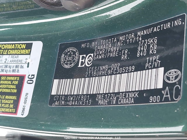 12531803 :رقم المزاد ، 2T1BURHE9FC305299 vin ، 2015 Toyota Corolla L/le/le Pls/prm/s/s Pls مزاد بيع