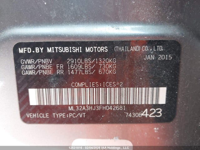 Aukcja sprzedaży 2015 Mitsubishi Mirage Es, vin: ML32A3HJ3FH042681, numer aukcji: 12531816