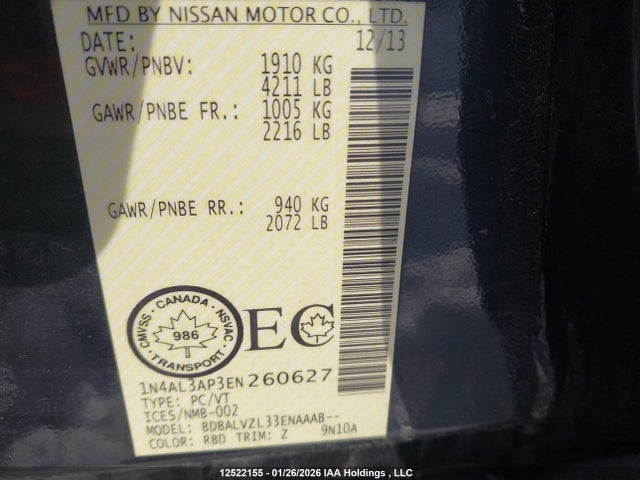 1N4AL3AP3EN260627 Nissan Altima 2.5/2.5 S/2.5 Sl/2.5 Sv