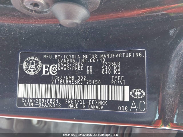 2T1BURHE5KC125456 Toyota COROLLA LE