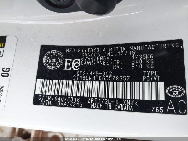 12531831 :رقم المزاد ، 2T1BURHE0GC578357 vin ، 2016 Toyota Corolla Le مزاد بيع