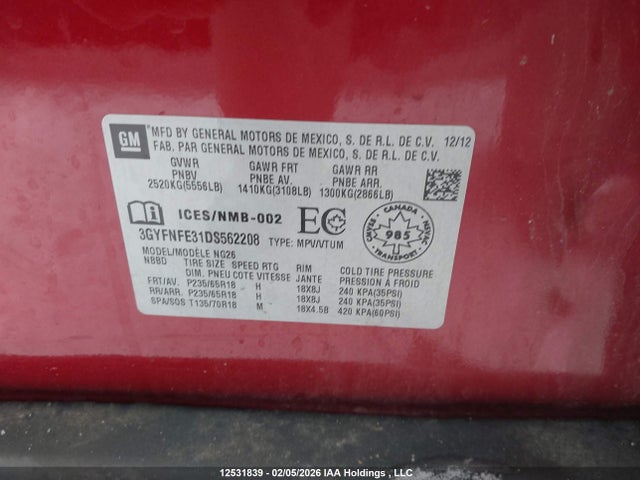 Aukcja sprzedaży 2013 Cadillac Srx, vin: 3GYFNFE31DS562208, numer aukcji: 12531839