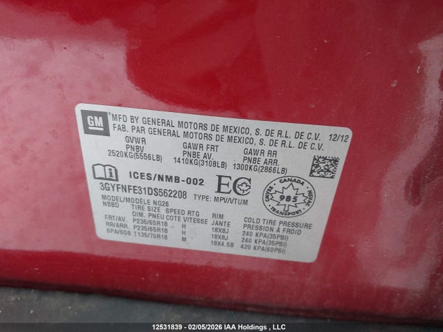 Aukcja sprzedaży 2013 Cadillac Srx, vin: 3GYFNFE31DS562208, numer aukcji: 12531839