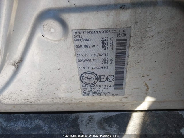 5N1AT2MV5GC852748 Nissan Rogue S/sl/sv