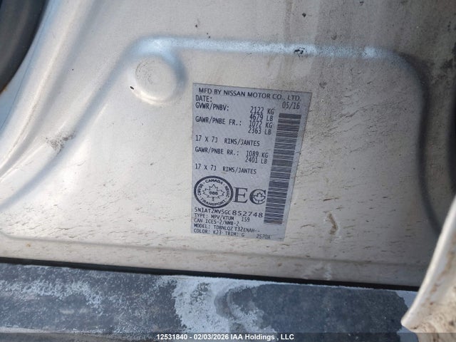 5N1AT2MV5GC852748 Nissan Rogue S/sl/sv