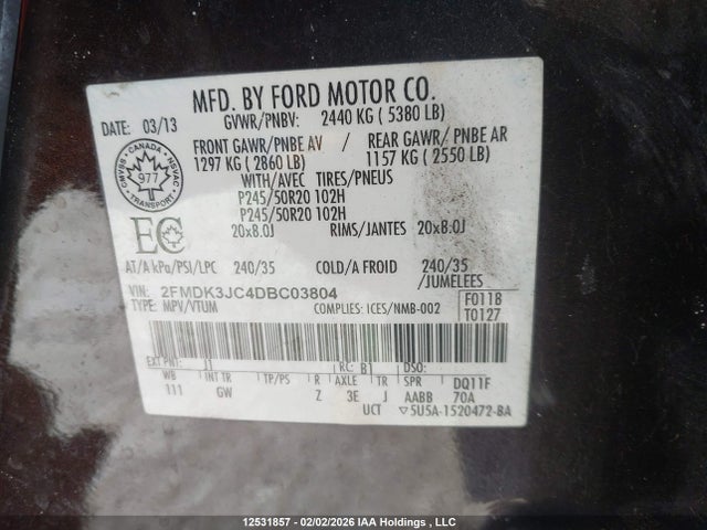 Aukcja sprzedaży 2013 Ford Edge Sel, vin: 2FMDK3JC4DBC03804, numer aukcji: 12531857