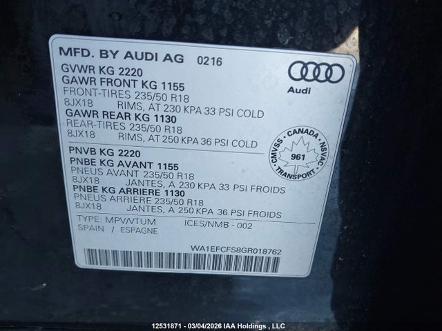 Продажа на аукционе авто 2016 Audi Q3 2.0t Komfort, vin: WA1EFCFS8GR018762, номер лота: 12531871