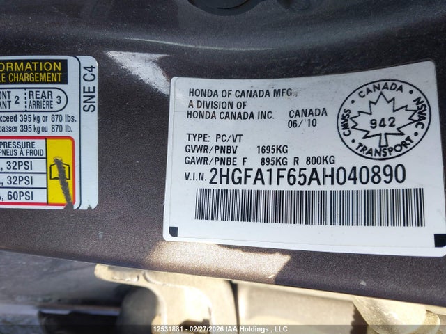2010 Honda Civic Lx-s მანქანა იყიდება აუქციონზე, vin: 2HGFA1F65AH040890, აუქციონის ნომერი: 12531881