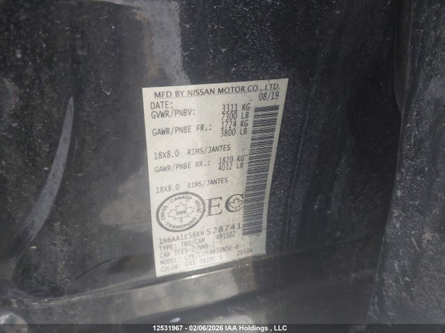 12531967 :رقم المزاد ، 1N6AA1E58KN528741 vin ، 2019 Nissan Titan Platinum/pro-4x/s/sl Midnight Edition/sv/sv Midnight Edition مزاد بيع