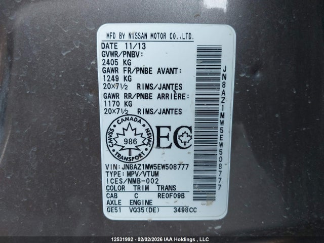JN8AZ1MW5EW508777 Nissan Murano Platinum/s/sl/sv