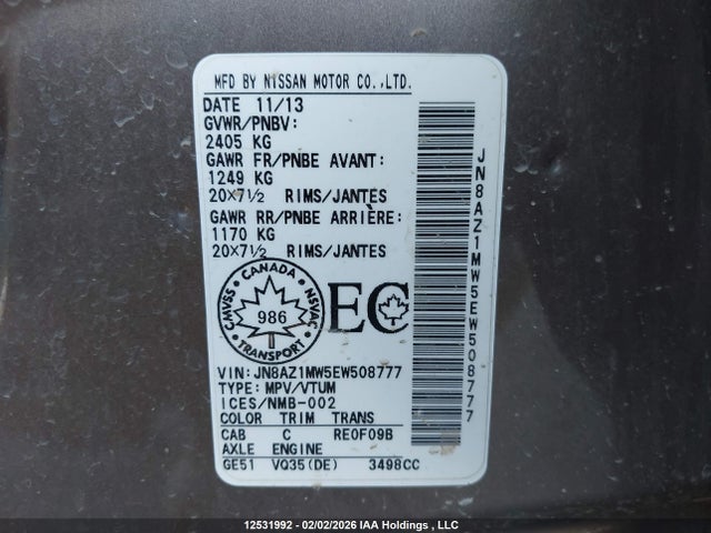 JN8AZ1MW5EW508777 Nissan Murano Platinum/s/sl/sv