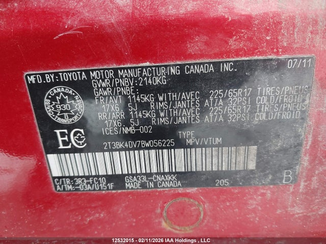 12532015 :رقم المزاد ، 2T3BK4DV7BW056225 vin ، 2011 Toyota Rav4 مزاد بيع