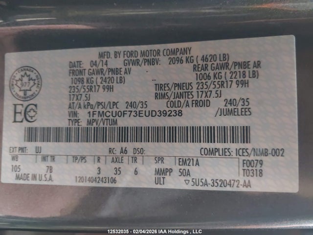 2014 Ford Escape S მანქანა იყიდება აუქციონზე, vin: 1FMCU0F73EUD39238, აუქციონის ნომერი: 12532035
