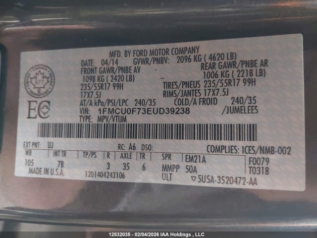 2014 Ford Escape S მანქანა იყიდება აუქციონზე, vin: 1FMCU0F73EUD39238, აუქციონის ნომერი: 12532035