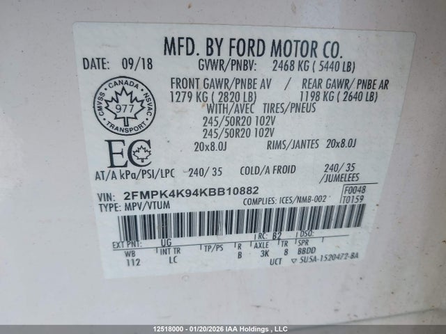2FMPK4K94KBB10882 Ford Edge Titanium