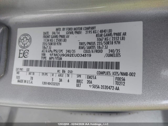 Продаж на аукціоні авто 2014 Ford Escape Se, vin: 1FMCU9G92EUD34519, номер лоту: 12532058