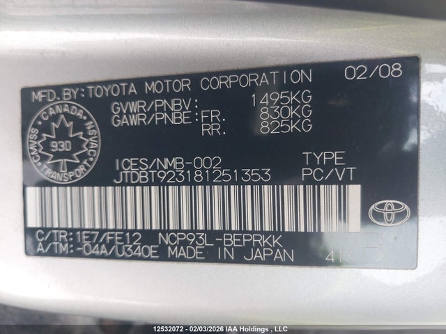 12532072 :رقم المزاد ، JTDBT923181251353 vin ، 2008 Toyota Yaris مزاد بيع