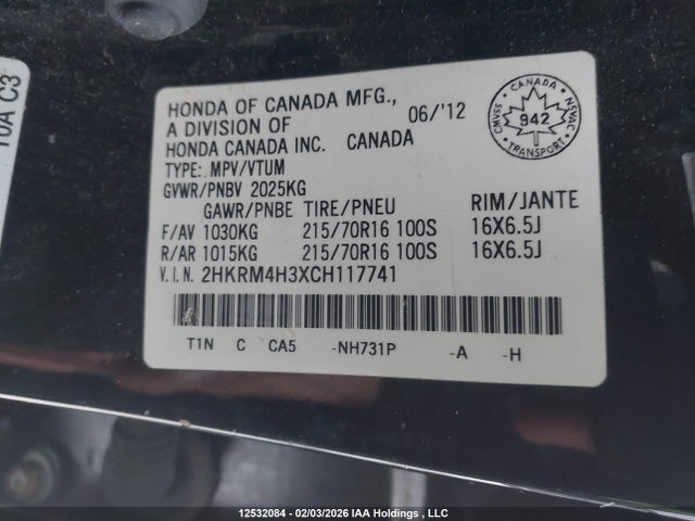 2012 Honda Cr-v მანქანა იყიდება აუქციონზე, vin: 2HKRM4H3XCH117741, აუქციონის ნომერი: 12532084