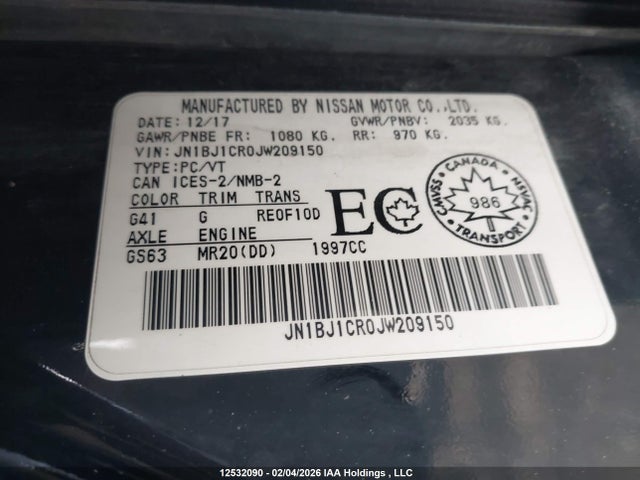 JN1BJ1CR0JW209150 Nissan Qashqai S/sl/sv
